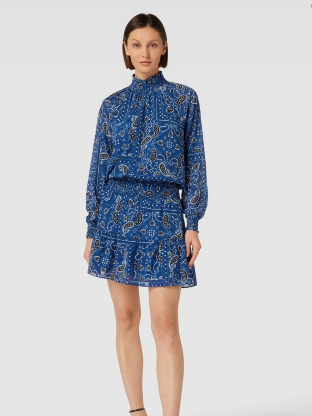 HUGO Boss Blue Paisley Bandana Print Smocked Mini Dress Long Sleeve High Neck